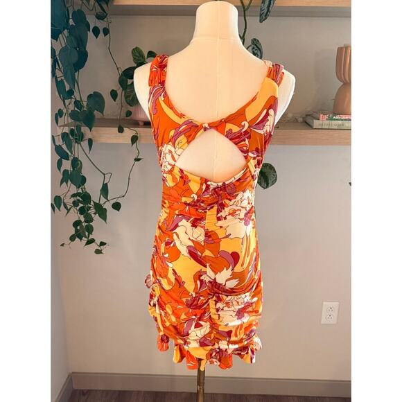 Urban Outfitters Floral Ruched Ruffle Mini Dress Orange Yellow Groovy Y2K Retro - Picture 2 of 6